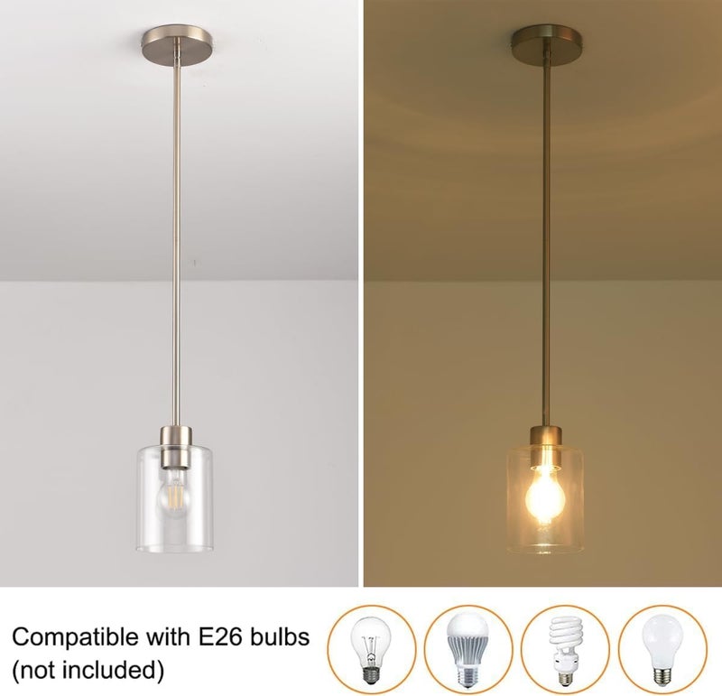 KLSS Brushed Nickel Pendant Lights Kitchen Island - Clear Glass Pendant Light Fixture Multiple Stems Rods 3 Units 12 Inch 3 Units 4 Inch (3 Pack Brushed Nickel) - Image 2