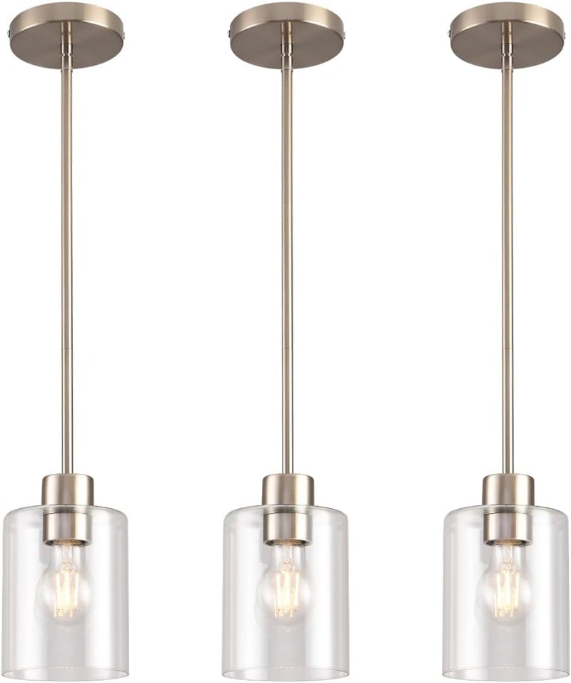 KLSS Brushed Nickel Pendant Lights Kitchen Island - Clear Glass Pendant Light Fixture Multiple Stems Rods 3 Units 12 Inch 3 Units 4 Inch (3 Pack Brushed Nickel) - Image 1