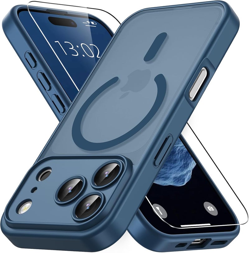 حافظة مغناطيسية لـ iPhone 17 Pro مع زجاج واقي واحد، متوافقة مع Magsafe، حماية من السقوط وفق المعايير العسكرية، ظهر غير لامع شفاف، حافظة هاتف مقاومة للصدمات، أزرق داكن - Image 1