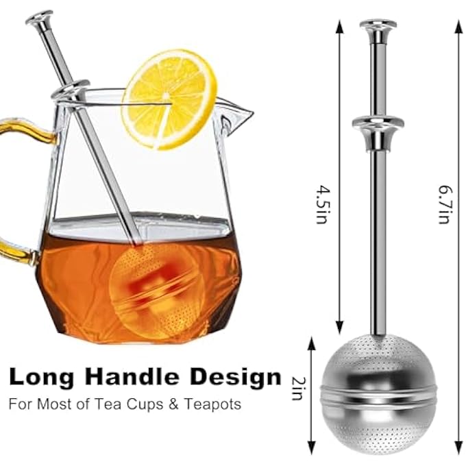 SWIUKPHE كرة شاي بمقبض طويل من الفولاذ المقاوم للصدأ، قطعتين، فلتر شاي ممتاز لأوراق الشاي السائبة، مصفاة شبكية دقيقة قابلة لإعادة الاستخدام لتوزيع الشاي على فترات زمنية محددة للكوب وإبريق الشاي - Image 2