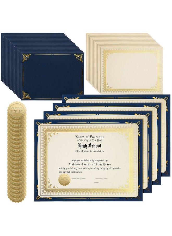 Fainne - 50 Sets Certificate Kit Includes 50 Pcs 9.5 X 12 Inch Certificate Holders 50 Pcs Letter Size Certificate Papers 50 Pcs Gold Foil Award Seals Diploma Covers For Appreciation (Navy Blue Gold) - Image 1