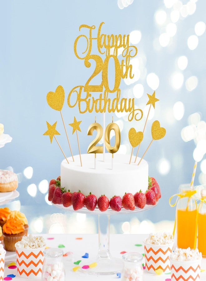 Lecferrarc زينة كعكة عيد الميلاد العشرين من ليكفيرارك، شموع عيد الميلاد العشرين، شموع أرقام الكعكة، ومجموعة زينة كعكة عيد الميلاد العشرين اللامعة لحفلات أعياد الميلاد (ذهبي) - Image 3