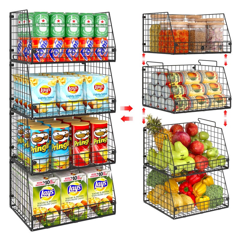 Jakyitvi 4 Pack XXL Stackable Wire Storage Basket Extra Large Capacity Pantry Organizer and Storage MutiPurpose for Vegetable Fruit Basket  Can Organizer  Snack Rack  Metal Pantry Bin