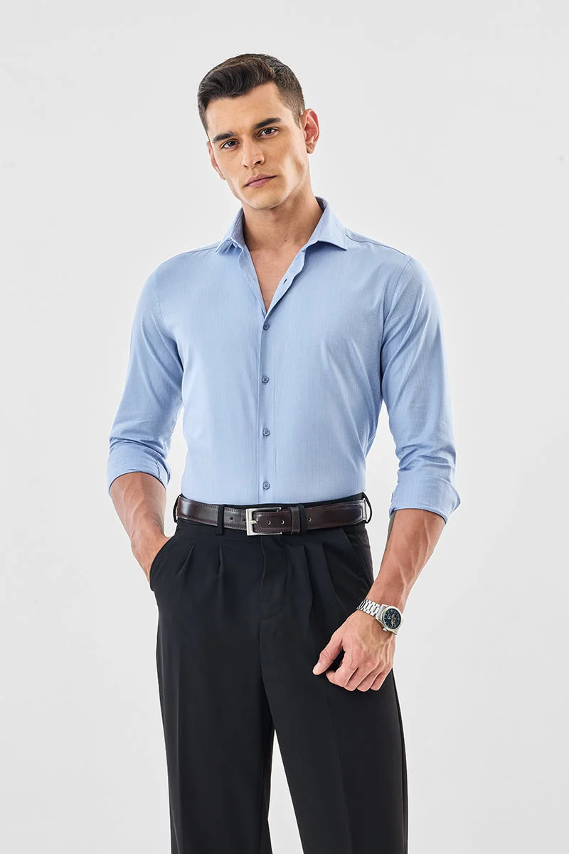 SNITCH Light Blue Textured Long Sleeve Slim Fit Formal Luxe Shirt