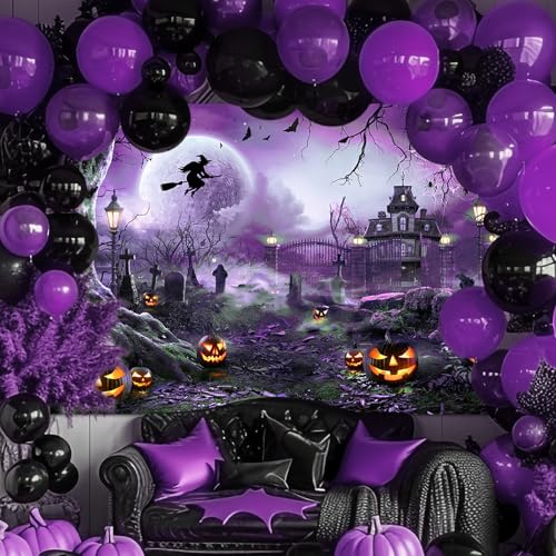 Avezano Halloween Photography Backdrop Full Moon Scary Night Castle Pumpkins Party Background Spooky Witch Bats Cemetery Child Kids Halloween Party Decorations Photoshoot Backdrops (7x5ft, Purple) - Image 3
