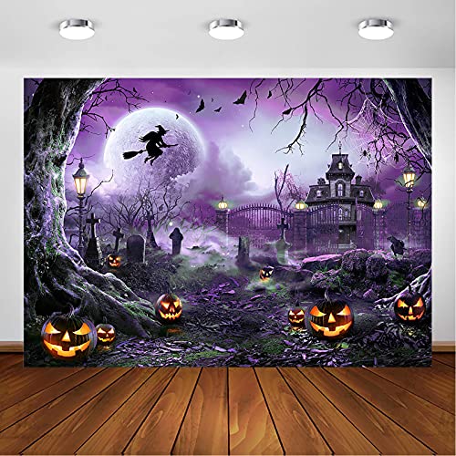 Avezano Halloween Photography Backdrop Full Moon Scary Night Castle Pumpkins Party Background Spooky Witch Bats Cemetery Child Kids Halloween Party Decorations Photoshoot Backdrops (7x5ft, Purple) - Image 1