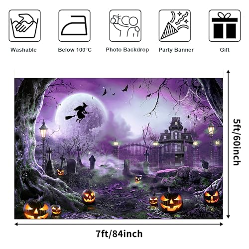Avezano Halloween Photography Backdrop Full Moon Scary Night Castle Pumpkins Party Background Spooky Witch Bats Cemetery Child Kids Halloween Party Decorations Photoshoot Backdrops (7x5ft, Purple) - Image 2