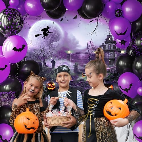 Avezano Halloween Photography Backdrop Full Moon Scary Night Castle Pumpkins Party Background Spooky Witch Bats Cemetery Child Kids Halloween Party Decorations Photoshoot Backdrops (7x5ft, Purple) - Image 5