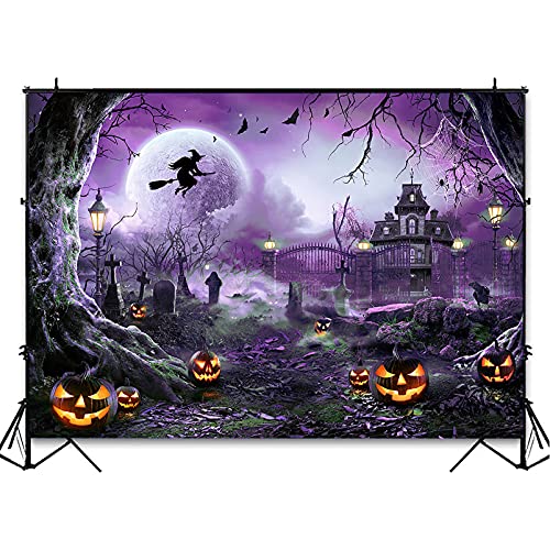 Avezano Halloween Photography Backdrop Full Moon Scary Night Castle Pumpkins Party Background Spooky Witch Bats Cemetery Child Kids Halloween Party Decorations Photoshoot Backdrops (7x5ft, Purple) - Image 4
