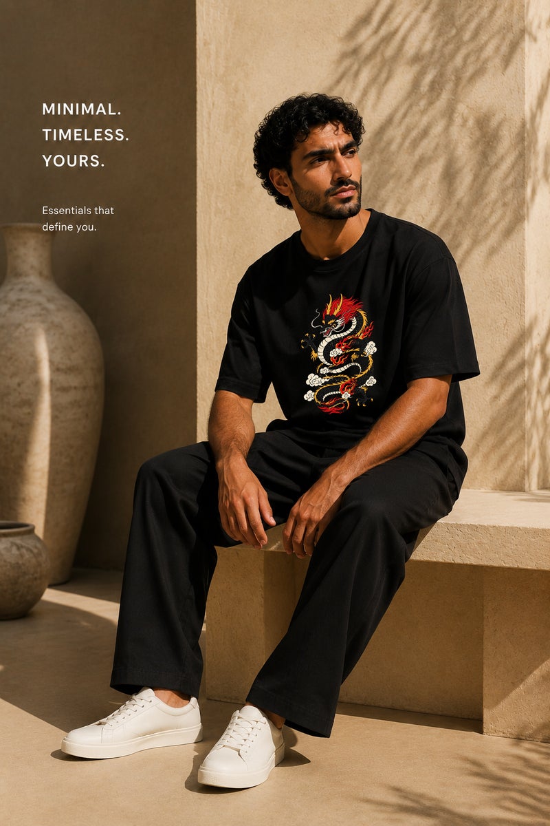 Men's Oversized Black Dragon Graphic T-Shirt Casual Short Sleeve Crew Neck Streetwear Tee - Image 4