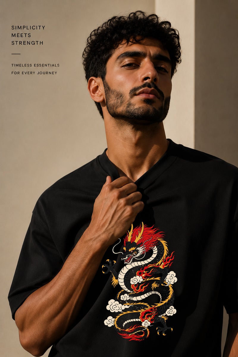 Men's Oversized Black Dragon Graphic T-Shirt Casual Short Sleeve Crew Neck Streetwear Tee - Image 5