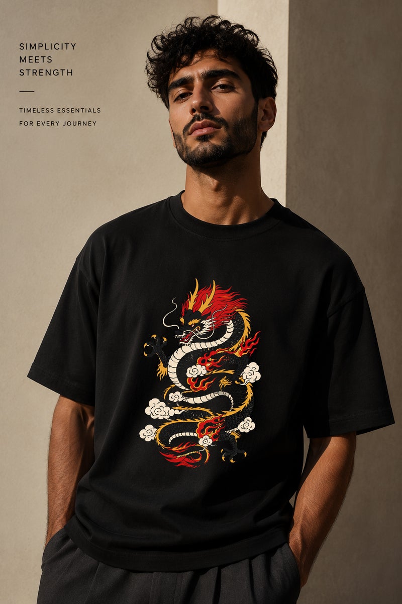 Men's Oversized Black Dragon Graphic T-Shirt Casual Short Sleeve Crew Neck Streetwear Tee - Image 1