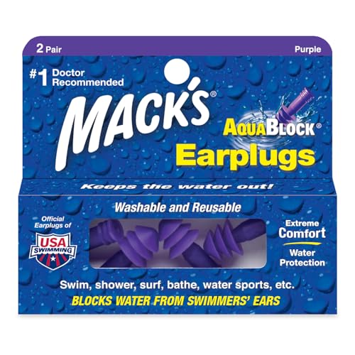Mack's AquaBlock Swimming Earplugs, 2 Pair - Comfortable, Waterproof, Reusable Silicone Ear Plugs for Swimming, Snorkeling, Showering, Surfing and Bathing (Purple) - Image 1