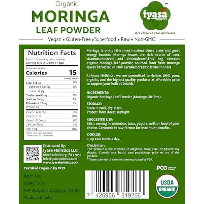 Iyasa Holistics Premium Organic Moringa Leaf Powder, Moringa Oleifera, Raw Superfood, Energy Booster, Great as Smoothie, Tea, Work out Supplement, Resealable Pouch, 8 oz/226 Grams - Image 3
