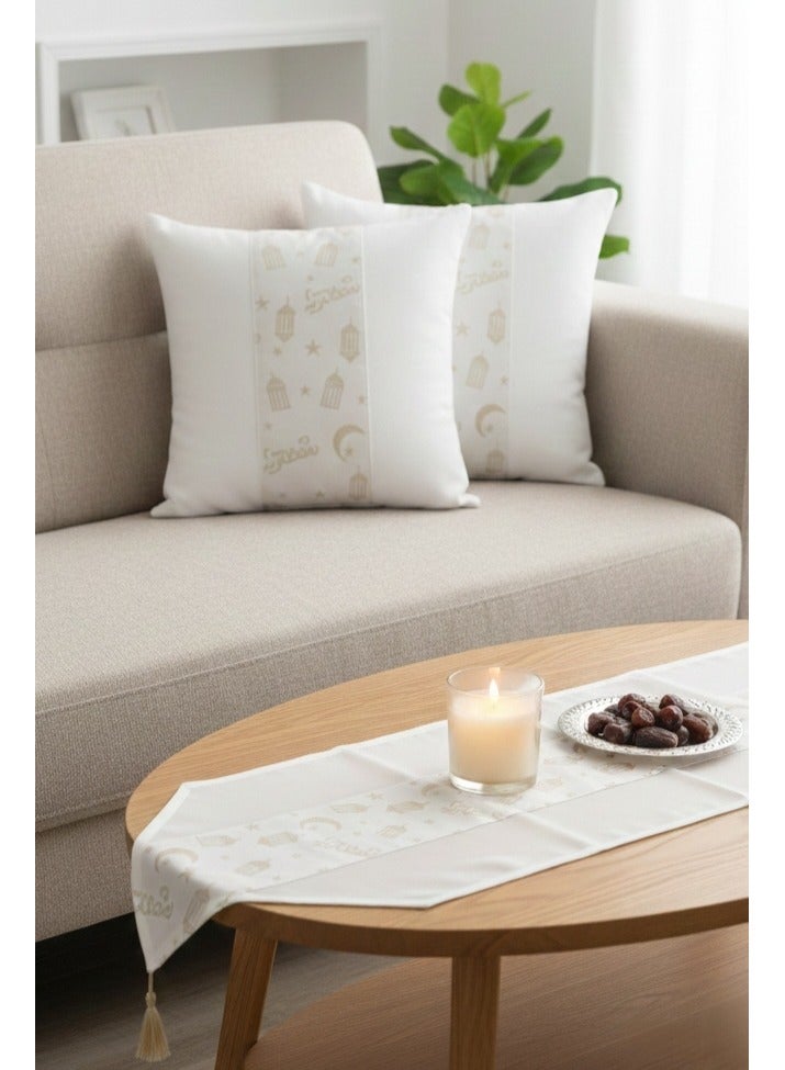 Ramadan 3 piece decor set (2 cushion covers + table runner) with a modern Islamic design - Image 1