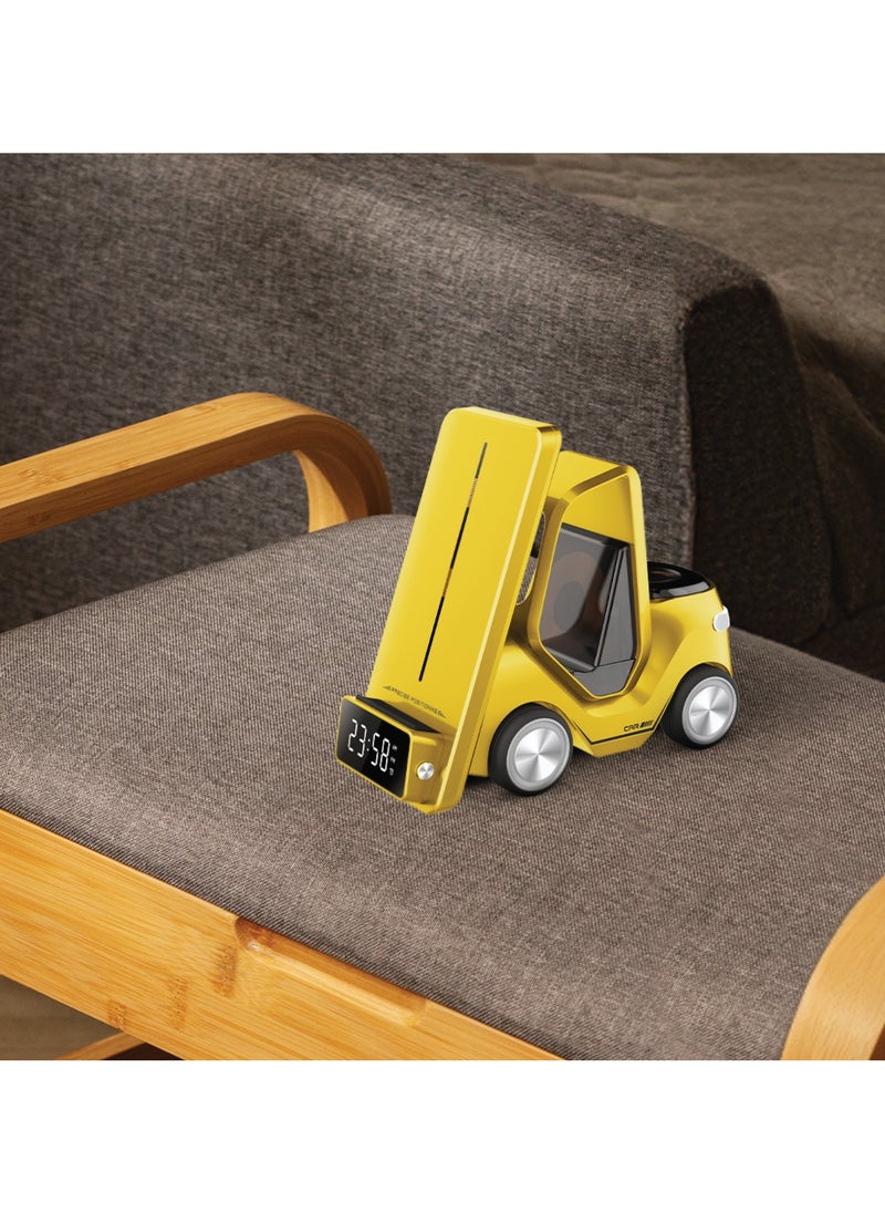 GREEN LION Forklift 5 in 1 Wireless Charger / 15W Smart Phone / 2.5W Smart Watch / 5W Earpods Charger / Wireless Fast Charging / Night Light / Digital Clock Display / Type-C Input / Eye-catching Design - Yellow  - Image 2