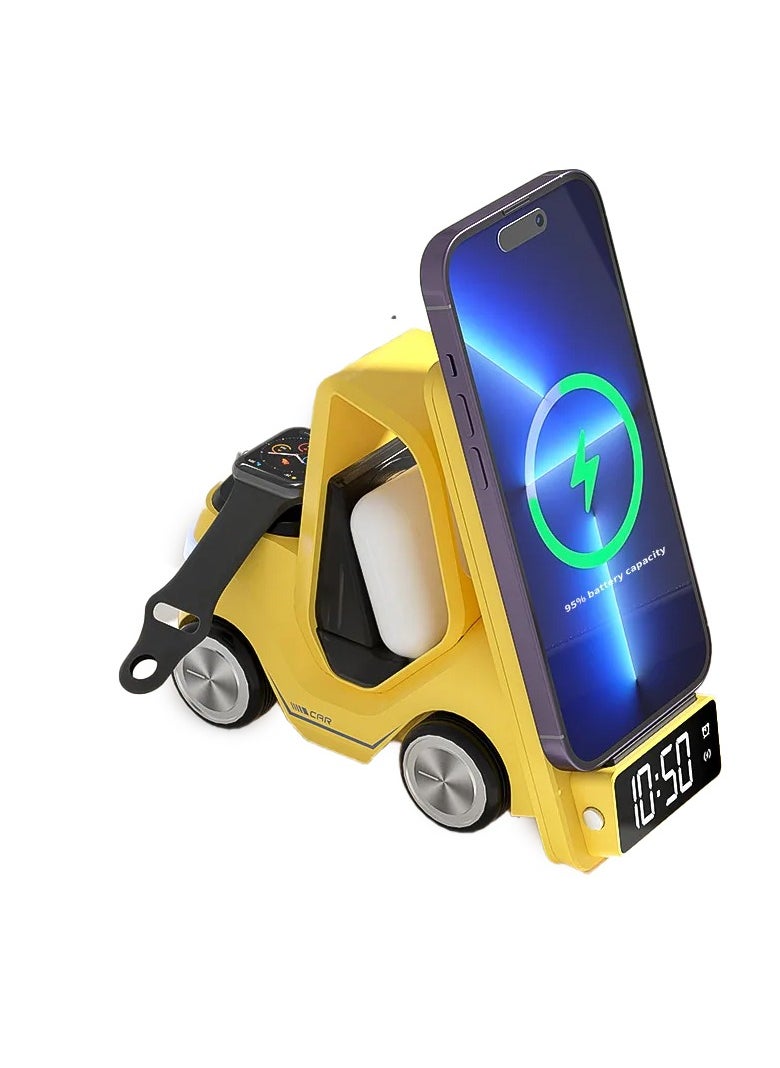 GREEN LION Forklift 5 in 1 Wireless Charger / 15W Smart Phone / 2.5W Smart Watch / 5W Earpods Charger / Wireless Fast Charging / Night Light / Digital Clock Display / Type-C Input / Eye-catching Design - Yellow  - Image 4
