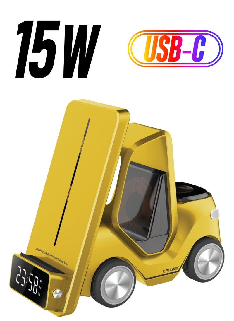 GREEN LION Forklift 5 in 1 Wireless Charger / 15W Smart Phone / 2.5W Smart Watch / 5W Earpods Charger / Wireless Fast Charging / Night Light / Digital Clock Display / Type-C Input / Eye-catching Design - Yellow  - Image 1