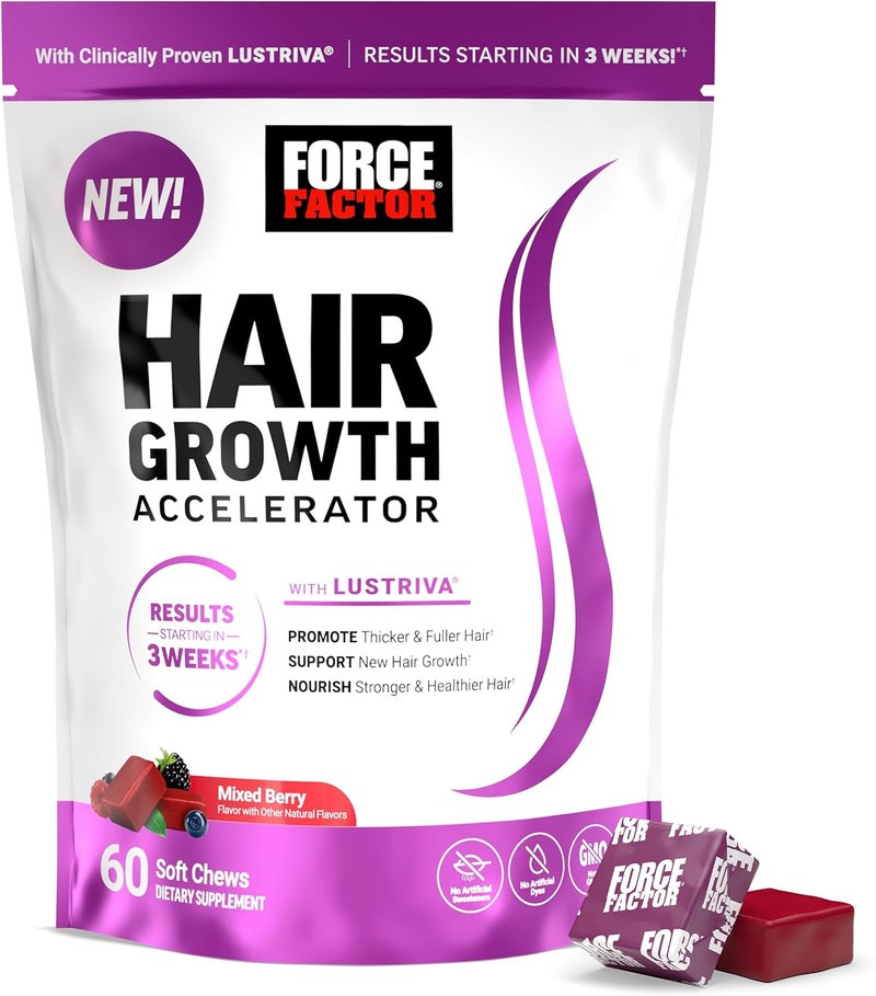 Force Factor Hair Growth Accelerator Soft Chews Hair Growth Vitamins for Women and Men with Clinically Studied Lustriva and Biotin Promotes Thicker Fuller Stronger Hair Mixed Berry 60 Soft Chews - Image 1