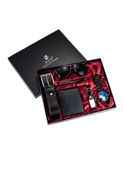 6-in-1 Deluxe Gift Set: Sunglasses, Belt, Wallet, Keychain, Signature Pen, and Large Dial Quartz Watch.