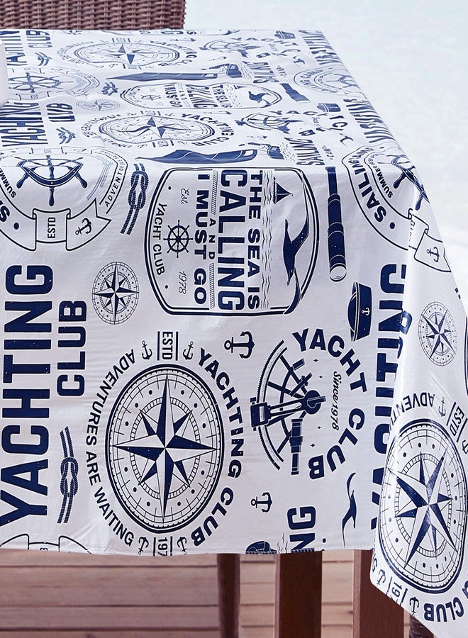 Newbridge Nautical Blue 60 x 84 Inch Rectangle Vinyl Tablecloth with Flannel Backing, Sailing Club, Waterproof, Soil Resistant Dining Room, Party and Banquet Table Cover - Image 1
