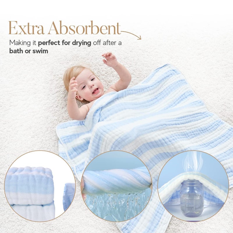 HardNok Muslin Hooded Baby Towel 4 Pack, 100% Organic Premium Cotton, (2) 6-Layer 32x32 Bath Towels & (2) Washcloths, Soft Newborn & Infant Gift Set (Blue Stripe & White) - Image 2