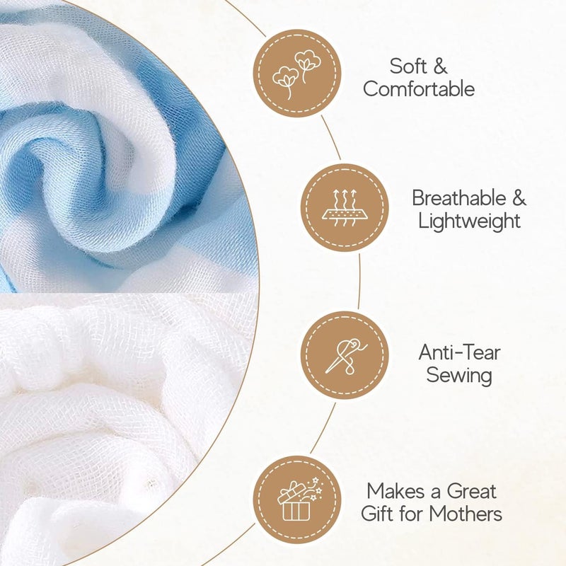HardNok Muslin Hooded Baby Towel 4 Pack, 100% Organic Premium Cotton, (2) 6-Layer 32x32 Bath Towels & (2) Washcloths, Soft Newborn & Infant Gift Set (Blue Stripe & White) - Image 4