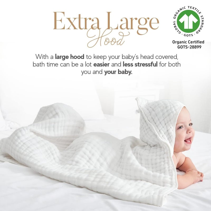 HardNok Muslin Hooded Baby Towel 4 Pack, 100% Organic Premium Cotton, (2) 6-Layer 32x32 Bath Towels & (2) Washcloths, Soft Newborn & Infant Gift Set (Blue Stripe & White) - Image 3