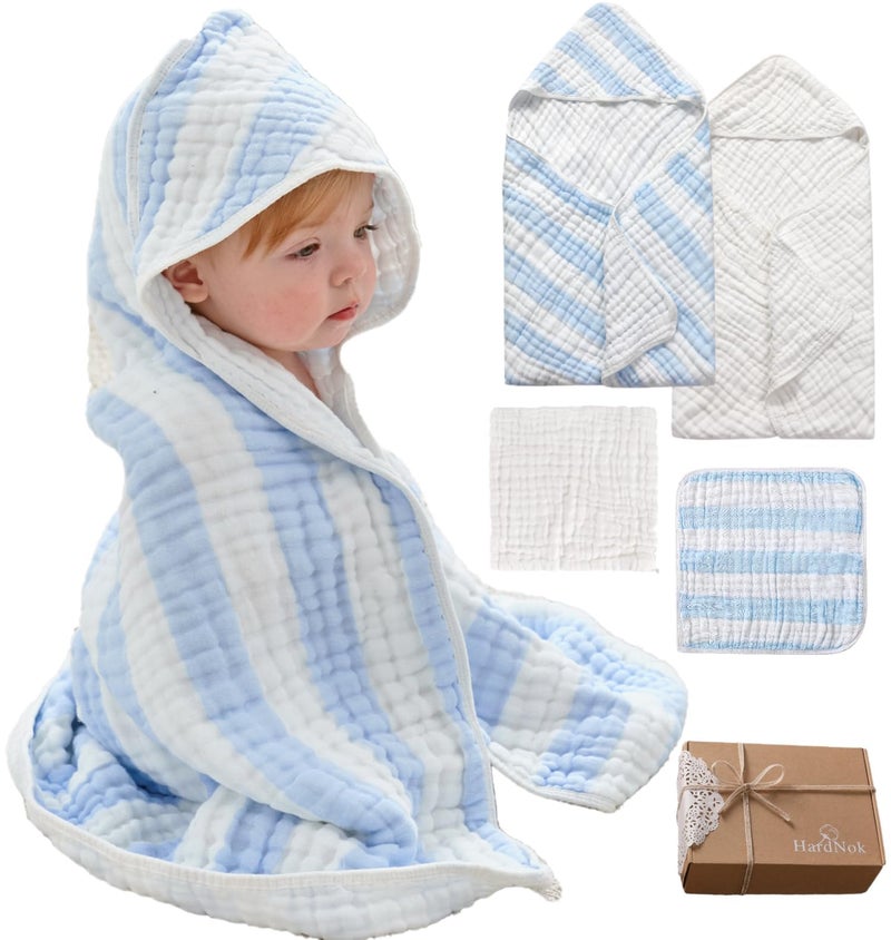 HardNok Muslin Hooded Baby Towel 4 Pack, 100% Organic Premium Cotton, (2) 6-Layer 32x32 Bath Towels & (2) Washcloths, Soft Newborn & Infant Gift Set (Blue Stripe & White) - Image 1