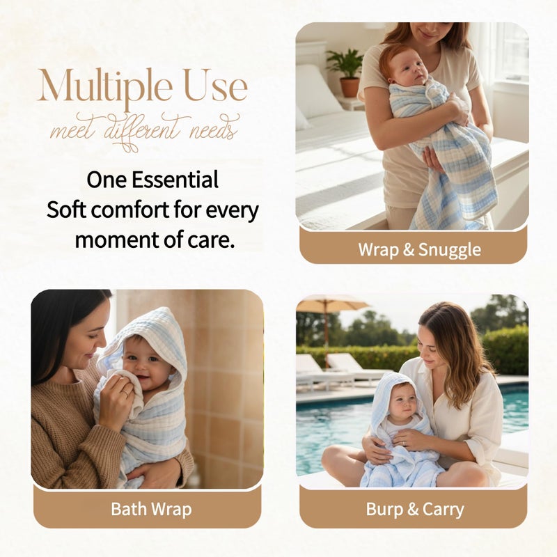 HardNok Muslin Hooded Baby Towel 4 Pack, 100% Organic Premium Cotton, (2) 6-Layer 32x32 Bath Towels & (2) Washcloths, Soft Newborn & Infant Gift Set (Blue Stripe & White) - Image 5