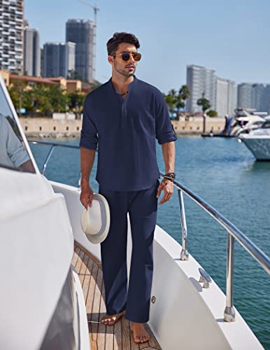COOFANDY Mens 2 Pieces Cotton Linen Set Long Sleeve Henley Shirts Casual Beach Pants With Pockets Summer Yoga Outfits - Image 3