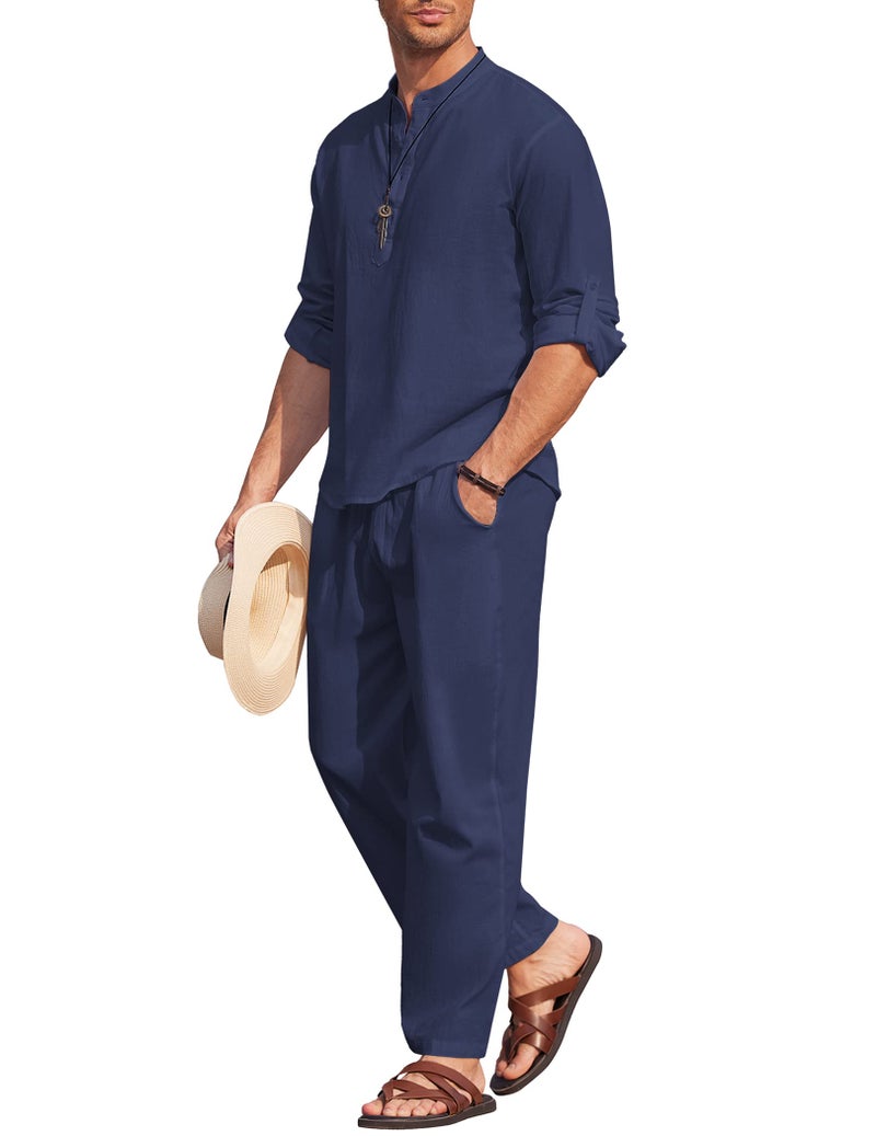 COOFANDY Mens 2 Pieces Cotton Linen Set Long Sleeve Henley Shirts Casual Beach Pants With Pockets Summer Yoga Outfits - Image 2