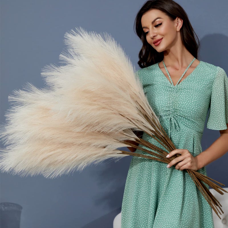FOTEEWL 8 PCS Faux Pampas Grass Decor 3831FT Tall Fake Pompas Floral Large Artificial Pompous Grass Branches Plants for Floor Vase Filler Home Boho Decoration CreamBeige