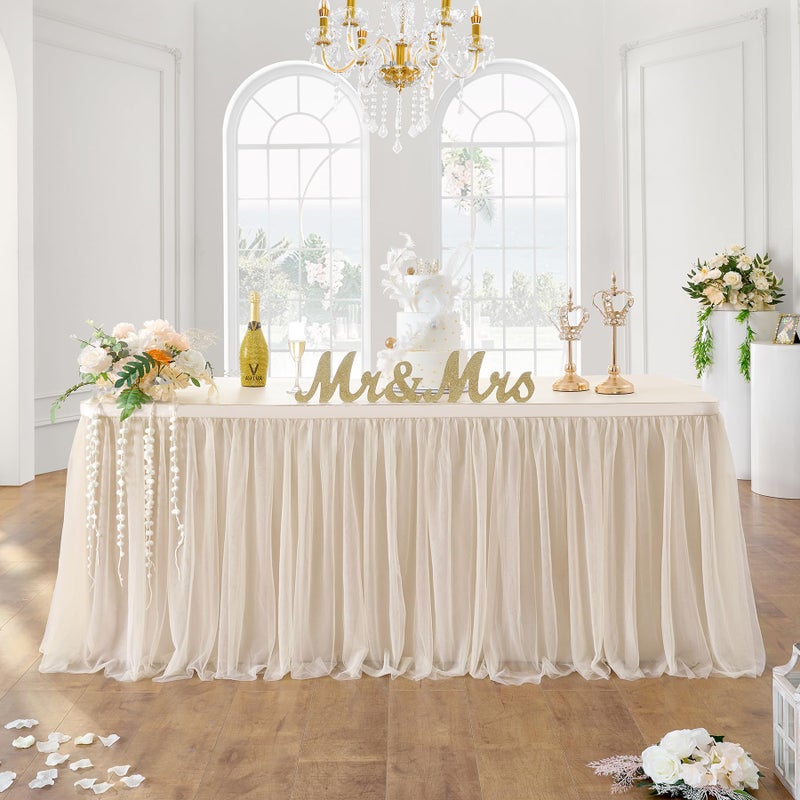 NSSONBEN 167in Champagne Gold Tulle Table Skirts for Rectangle Tables 86ft 2Layer Gold Grim Ruffle Tutu Cloth Table Skirt 14ft Decor Wedding Party Birthday Baby Shower Dessert TableNo Table Cover