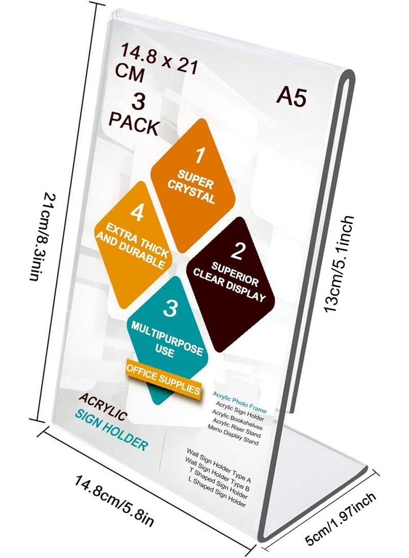 Slasa SLASA 3 Pack A5 Acrylic Sign Holder – L-Type Clear Menu & Poster Display Stand – Plastic Desktop Frame for Office, Home, Restaurant, School - Image 2