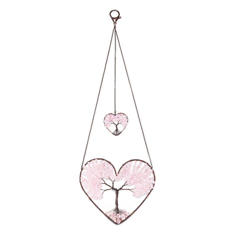 JSDDE Heart Rose Quartz Healing Crystal Life Tree Hanging Ornament Wire Quartz Gemstone Wall Hanger Home Office Windows Decoration Meditation Balancing