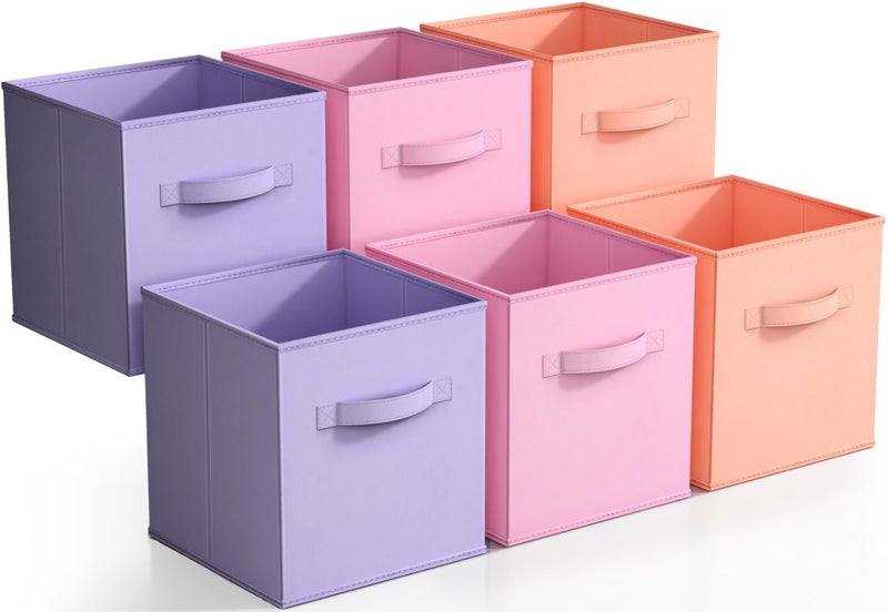 Sorbus Storage Cubes - 11" Foldable Storage Bins with Handle for Nursery, Playroom, Closet Organizers and Storage - 6 Fabric Shelf Basket for Toys, Books, Clothes - Orange Purple & Pink Storage Cubes - Image 1