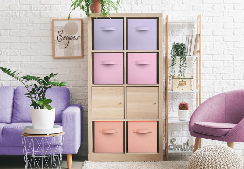 Sorbus Storage Cubes - 11" Foldable Storage Bins with Handle for Nursery, Playroom, Closet Organizers and Storage - 6 Fabric Shelf Basket for Toys, Books, Clothes - Orange Purple & Pink Storage Cubes - Image 4
