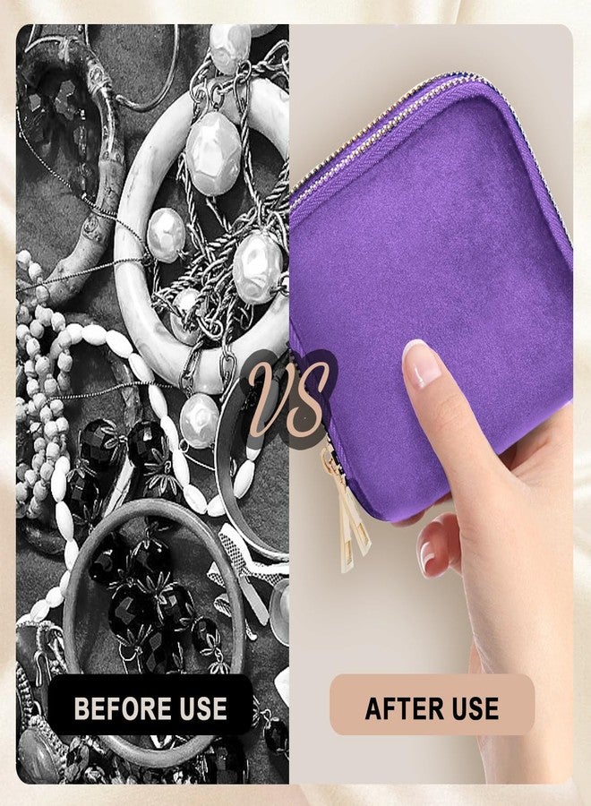 EHERDM Jewelry Organizer Bag for Travel Portable Jewelry Pouch with Zipper Multi-Pockets Soft Velvet Storage Case for Necklaces Earrings Rings Bracelets Watch Straps Purple - Image 3
