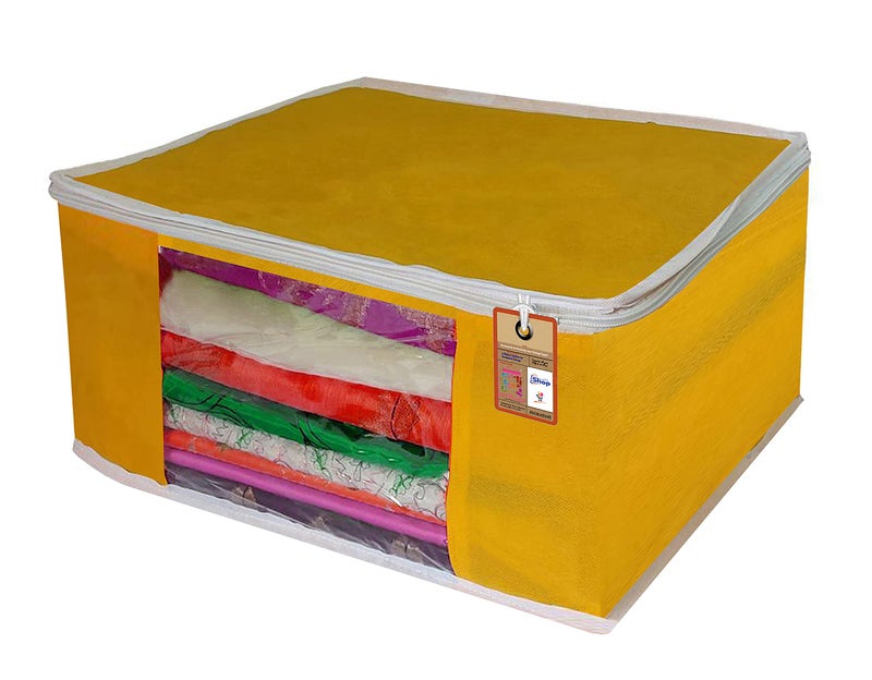 atorakushon® Fabric Yellow Garment Storage Bags Wardrobe Organizer for Clothes Storage Box Saree Cover Pack of 4 - Image 4