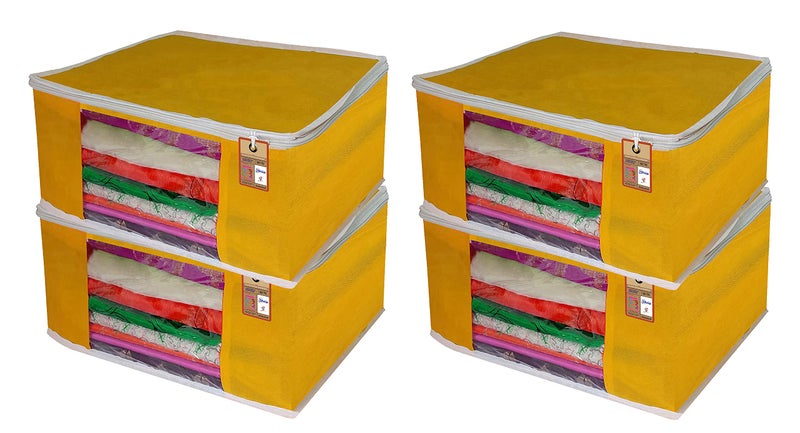 atorakushon® Fabric Yellow Garment Storage Bags Wardrobe Organizer for Clothes Storage Box Saree Cover Pack of 4 - Image 1