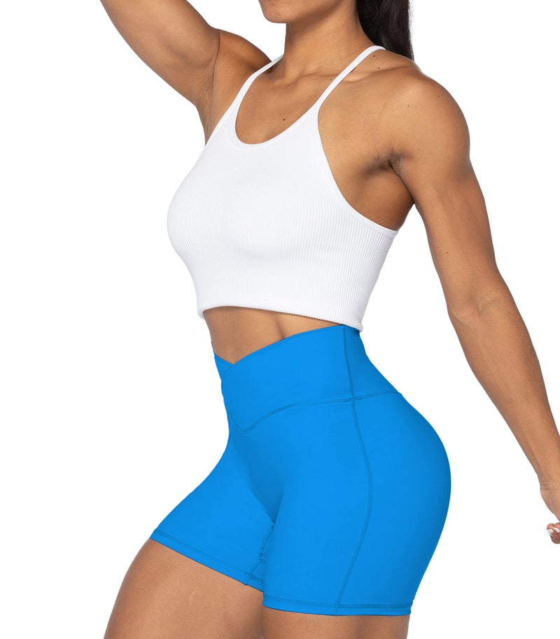 Sunzel Sunzfly Crossover Biker Shorts for Women, V Criss Cross High Waist Yoga Workout Gym Shorts with Tummy Control 4" Classic Blue Medium - Image 5