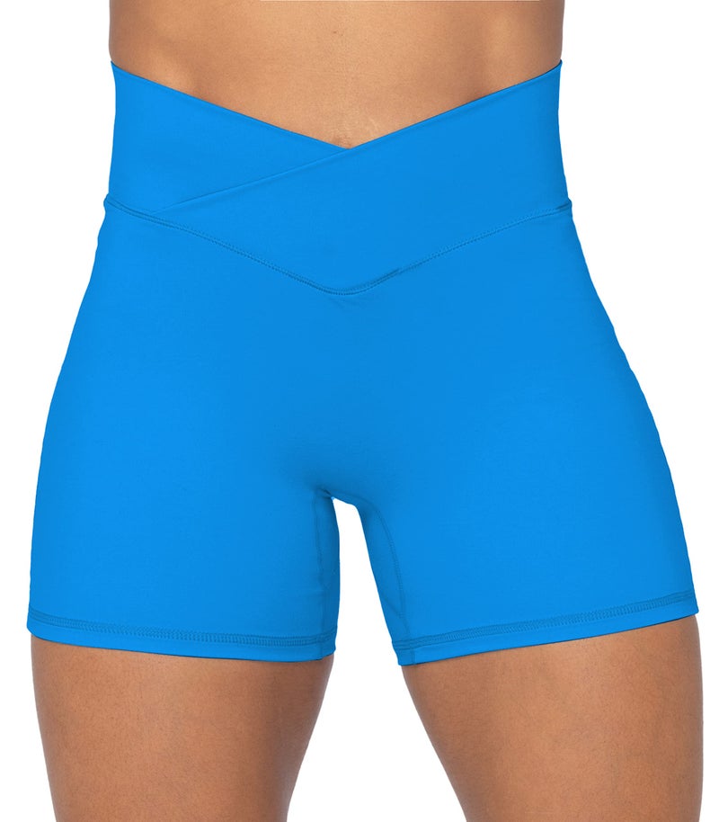 Sunzel Sunzfly Crossover Biker Shorts for Women, V Criss Cross High Waist Yoga Workout Gym Shorts with Tummy Control 4" Classic Blue Medium - Image 1