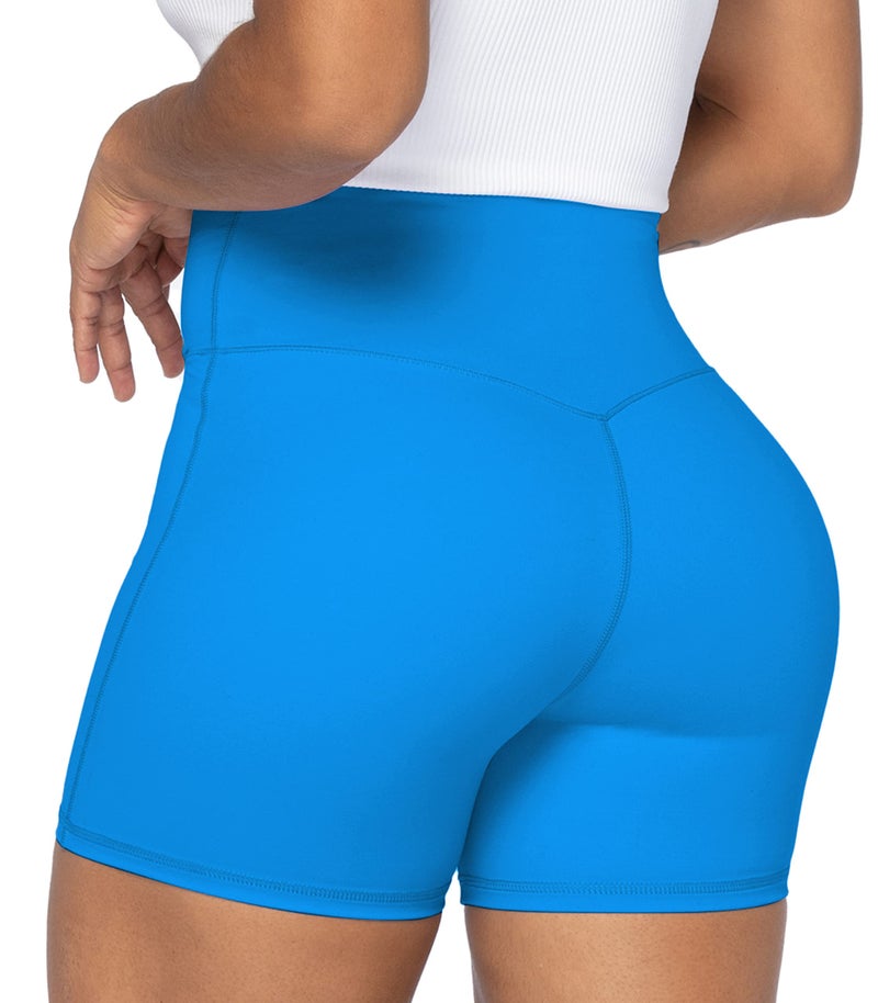Sunzel Sunzfly Crossover Biker Shorts for Women, V Criss Cross High Waist Yoga Workout Gym Shorts with Tummy Control 4" Classic Blue Medium - Image 3