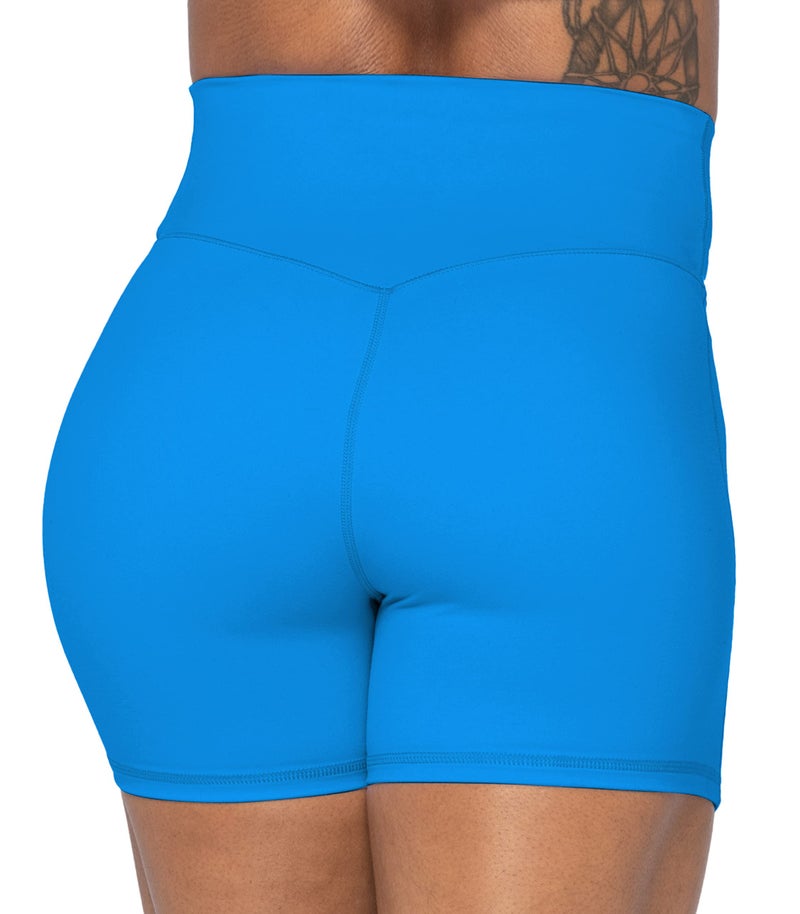Sunzel Sunzfly Crossover Biker Shorts for Women, V Criss Cross High Waist Yoga Workout Gym Shorts with Tummy Control 4" Classic Blue Medium - Image 4