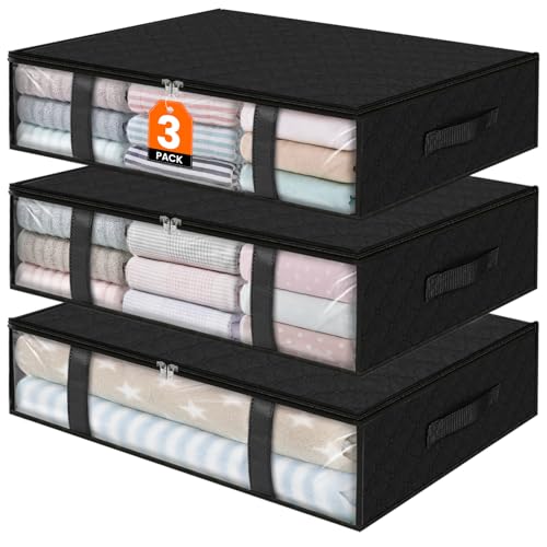 StorageRight Under Bed Storage Bins, 3-Pack 40L Foldable Fabric Storage Bags with Transparent Window, Breathable Organizer for Clothes/Blanket/Comforter/Quiltr, Black - Image 1