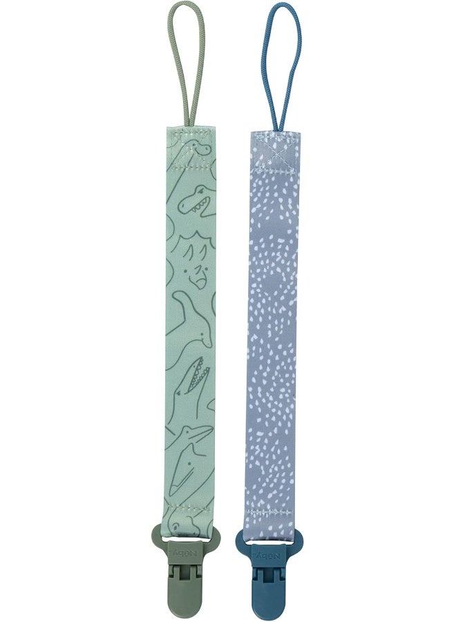 Nuby Pacifinder Baby Pacifier Clip - (2-Pack) - Pacifier Holder Clip with Convenient Hook Loop - Blue Dots and Green Dino - Image 1