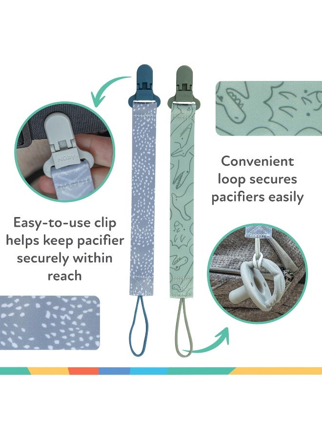 Nuby Pacifinder Baby Pacifier Clip - (2-Pack) - Pacifier Holder Clip with Convenient Hook Loop - Blue Dots and Green Dino - Image 4