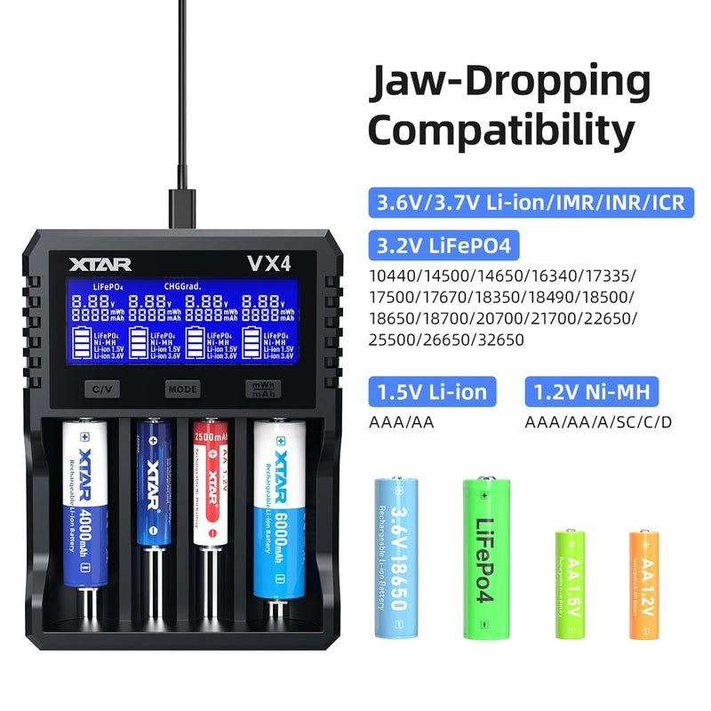 XTAR VX4 Visible Mixer 1.5V/3.6V/3.7V Li-Ion 3.2V LiFePO4 1.2V Ni-MH Batteries Charger and Battery Capacity Tester - Image 2