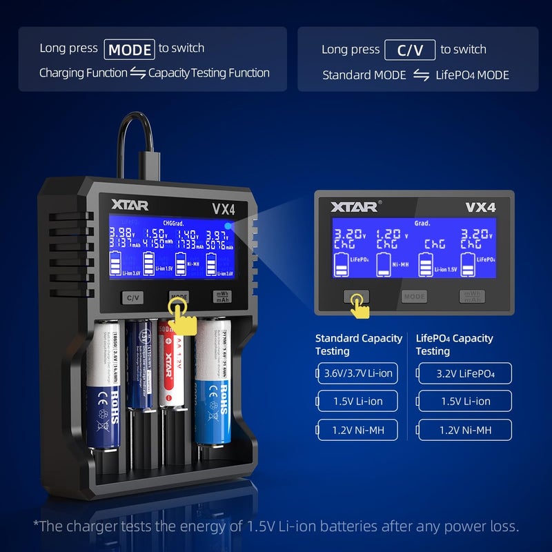 XTAR VX4 Visible Mixer 1.5V/3.6V/3.7V Li-Ion 3.2V LiFePO4 1.2V Ni-MH Batteries Charger and Battery Capacity Tester - Image 4